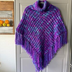 Vintage Women's Variegated Diamond Stitch Crochet Fringe Cowl Poncho, Purple,OS